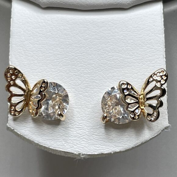 Stunning Light Gold Tone Butterfly Cubic Zirconia Stud Earrings Boho Statement - Picture 1 of 8